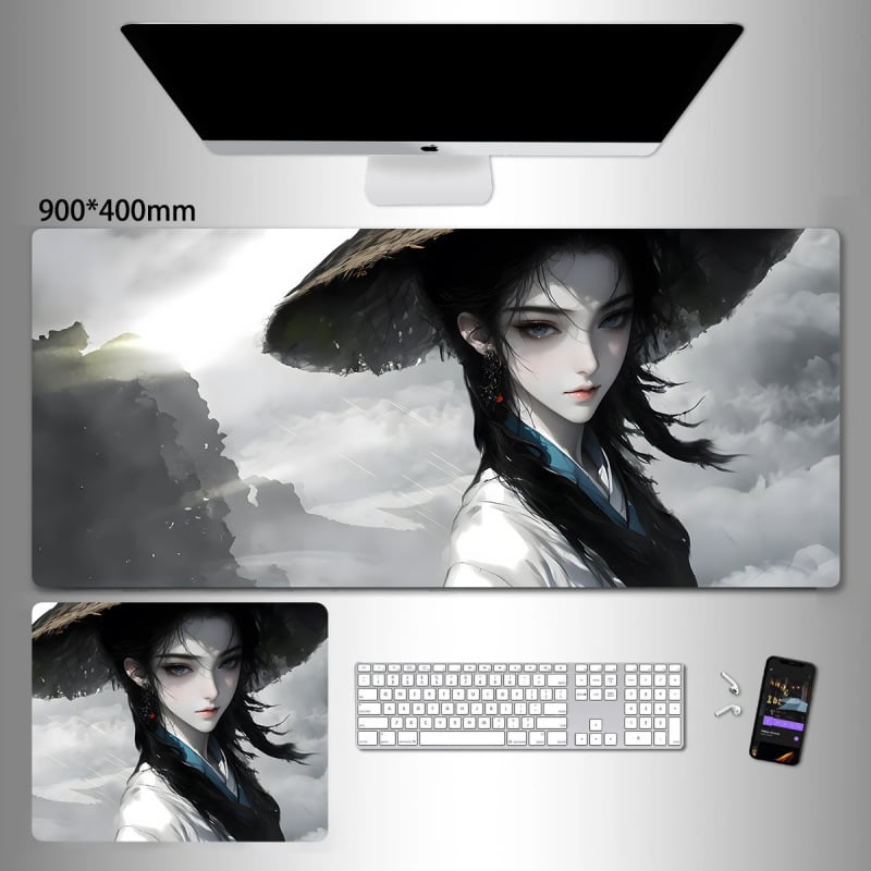 Liels spēļu peles paliktnis ar anime seriāla motīvu un tintes mazgāšanas seno stilā; dabiskā gumija, pretslīdēšana, vienpusējs.