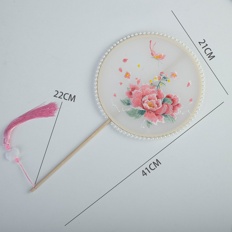 Ķīnas antīkā stila roku vents ar garu rokturi un pušķi, materiāls: audums, zīmols Tane, atsevišķa iepakošana