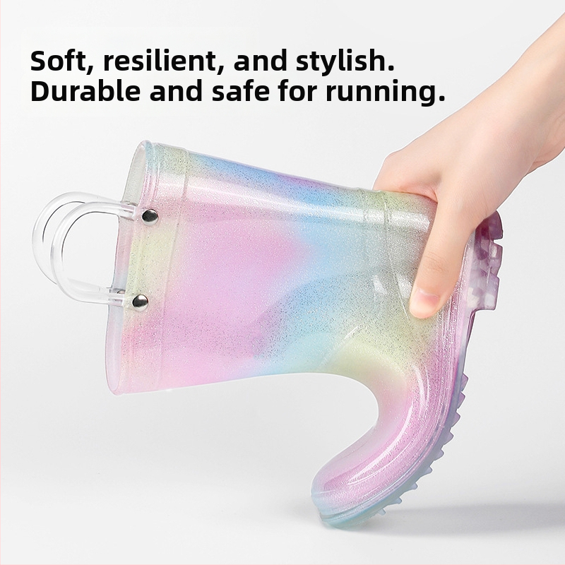 Meitenēm lietus zābaki PVC, princeses stils, zems papēdis 1–3 cm, vidējā zābju augstums