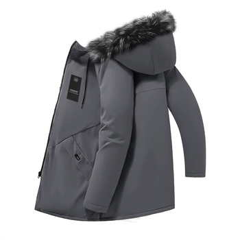 Ανδρικό μπουφάν από πολυεστέρα-βαμβάκι με κουκούλα, μεσαίου μήκους, χοντρό και ζεστό, χαλαρή γραμμή, φερμουάρ, αποσπώμενος γιακάς με γούνα, επένδυση πολυεστέρα