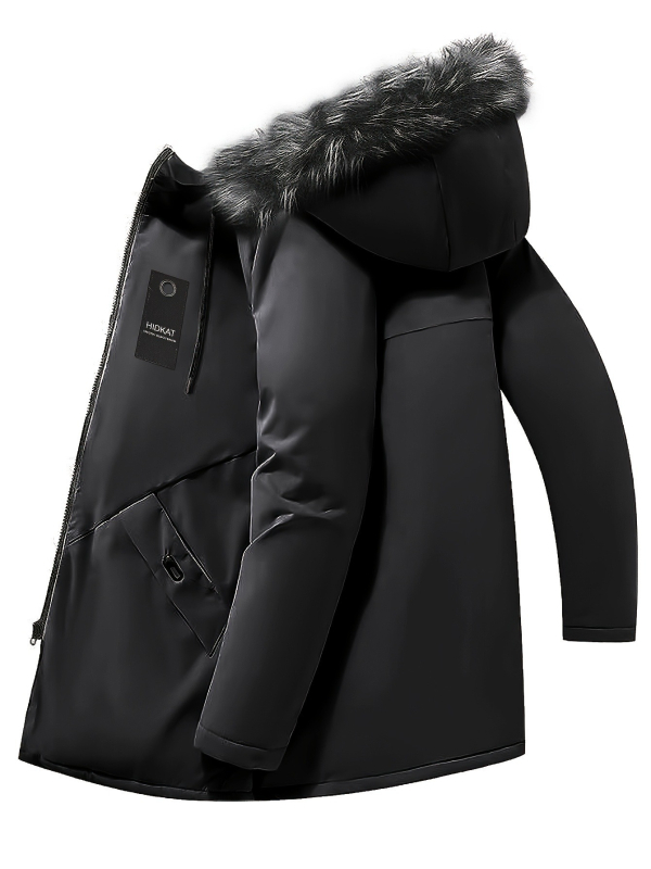 Ανδρικό μπουφάν από πολυεστέρα-βαμβάκι με κουκούλα, μεσαίου μήκους, χοντρό και ζεστό, χαλαρή γραμμή, φερμουάρ, αποσπώμενος γιακάς με γούνα, επένδυση πολυεστέρα