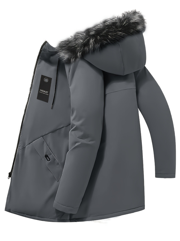 Ανδρικό μπουφάν από πολυεστέρα-βαμβάκι με κουκούλα, μεσαίου μήκους, χοντρό και ζεστό, χαλαρή γραμμή, φερμουάρ, αποσπώμενος γιακάς με γούνα, επένδυση πολυεστέρα