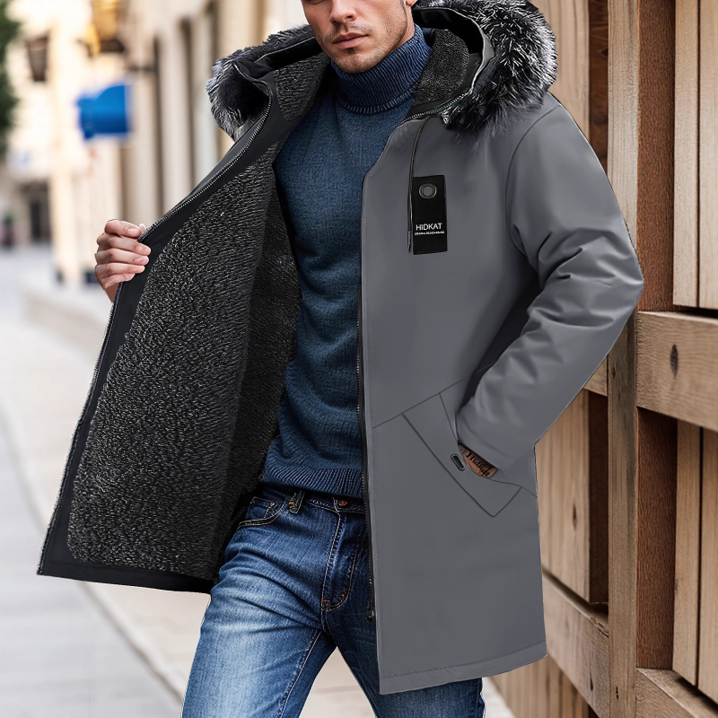 Ανδρικό μπουφάν από πολυεστέρα-βαμβάκι με κουκούλα, μεσαίου μήκους, χοντρό και ζεστό, χαλαρή γραμμή, φερμουάρ, αποσπώμενος γιακάς με γούνα, επένδυση πολυεστέρα