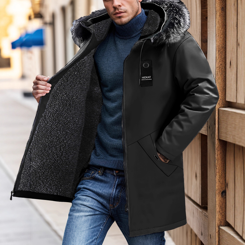 Ανδρικό μπουφάν από πολυεστέρα-βαμβάκι με κουκούλα, μεσαίου μήκους, χοντρό και ζεστό, χαλαρή γραμμή, φερμουάρ, αποσπώμενος γιακάς με γούνα, επένδυση πολυεστέρα