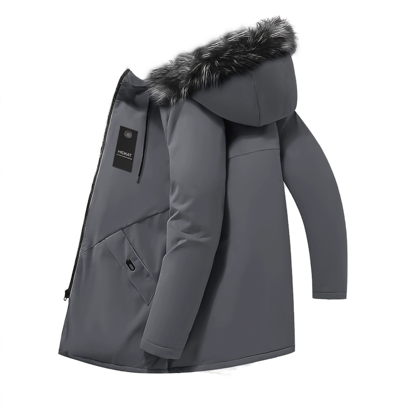 Ανδρικό μπουφάν από πολυεστέρα-βαμβάκι με κουκούλα, μεσαίου μήκους, χοντρό και ζεστό, χαλαρή γραμμή, φερμουάρ, αποσπώμενος γιακάς με γούνα, επένδυση πολυεστέρα