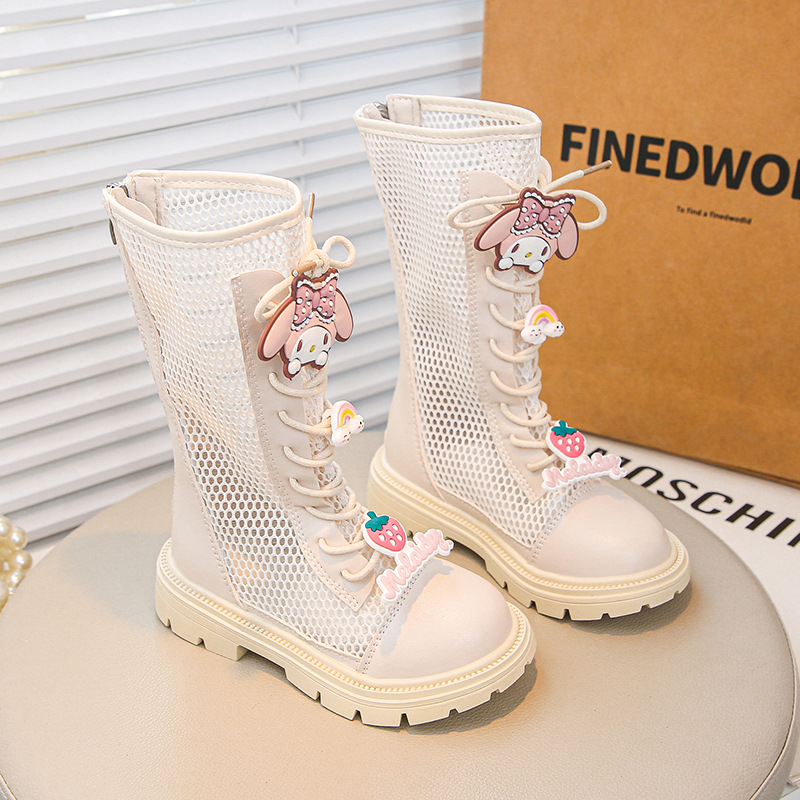 Djevojačke Martin čizme s umjetnom kožom, prozračni mrežasti dizajn, crtić uzorak, gumena potplat, stražnji zatvarač