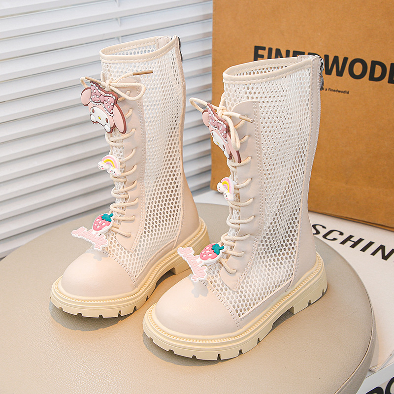 Djevojačke Martin čizme s umjetnom kožom, prozračni mrežasti dizajn, crtić uzorak, gumena potplat, stražnji zatvarač