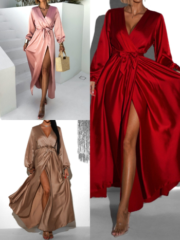 Ruha: szuper széles A-vonalú sziluett, V-nyakú kivágás, hosszú ujjú, derék középen, hosszú ruha