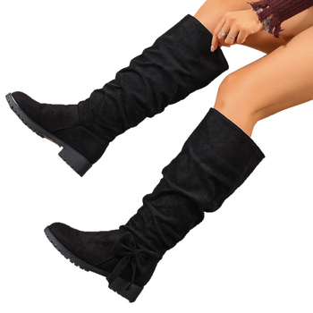 Ženske visoke čizme od velura, okrugli vrh, chunky mid-heel 3–5 cm, gumeni potplat