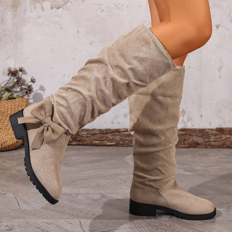 Ženske visoke čizme od velura, okrugli vrh, chunky mid-heel 3–5 cm, gumeni potplat