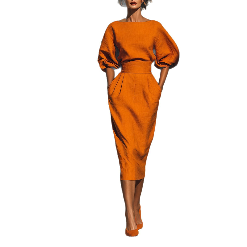 Elegáns A-vonalú ruha hajónyakú dekoltázzsal, hosszú ujjú, középső derék, közepes hosszúságú szoknya