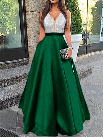 Vakarinė suknelė: gili V kaklo linija, be rankovių, A linija, ilgas sijonas; poliesterio 95%+; vasara 2025
