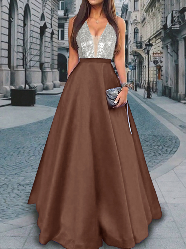 Vakarinė suknelė: gili V kaklo linija, be rankovių, A linija, ilgas sijonas; poliesterio 95%+; vasara 2025