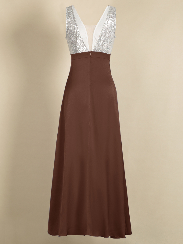 Vakarinė suknelė: gili V kaklo linija, be rankovių, A linija, ilgas sijonas; poliesterio 95%+; vasara 2025