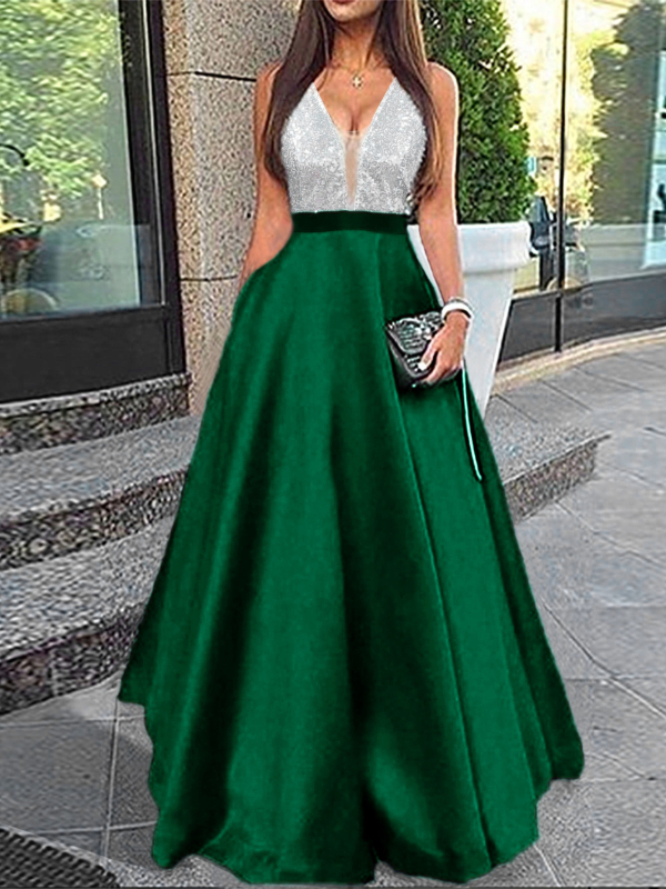 Vakarinė suknelė: gili V kaklo linija, be rankovių, A linija, ilgas sijonas; poliesterio 95%+; vasara 2025