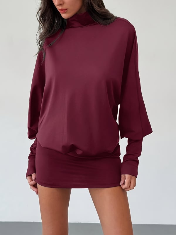 Poliészter rövid ruha magas gallérral, hosszú ujjú, kivágott részletekkel, európai-amerikai stílusban