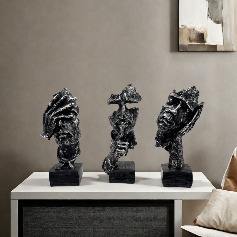 Figurakészlet – absztrakt mini arcú dekoráció kínai stílusú retró iroda-/tanuló dekoráció; Anyag: gyanta; Márka: Xiangsheng; Csomagolás: karton.