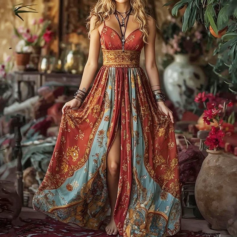 Hosszú A‑vonalú ujjatlan ruha V‑nyakkal, mintás, poliészter négyszeres rugalmassággal (Spandex)