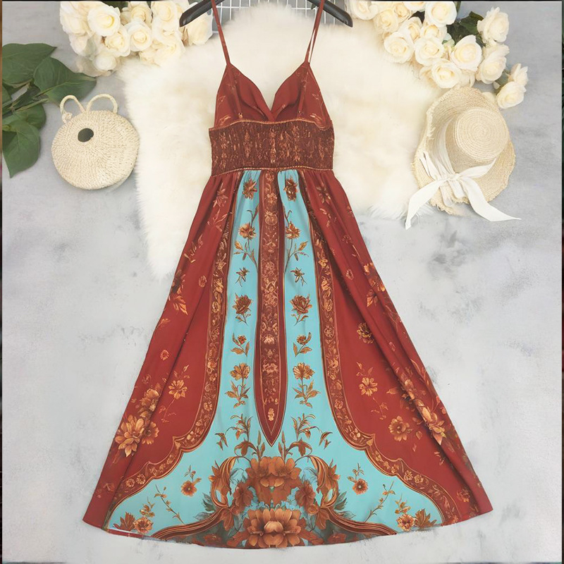 Hosszú A‑vonalú ujjatlan ruha V‑nyakkal, mintás, poliészter négyszeres rugalmassággal (Spandex)