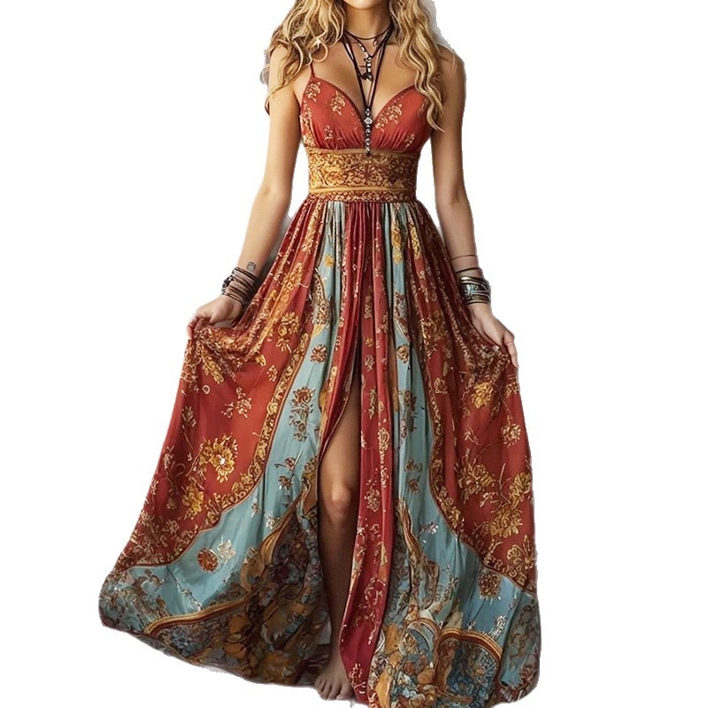 Hosszú A‑vonalú ujjatlan ruha V‑nyakkal, mintás, poliészter négyszeres rugalmassággal (Spandex)