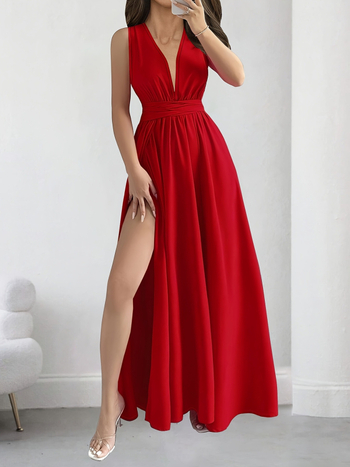 V-nyakú, ujjatlan, megkötős derekú, A-vonalú, hosszú, egyszínű poliészter-spandex ruha