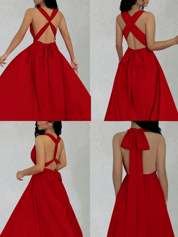 V-nyakú, ujjatlan, megkötős derekú, A-vonalú, hosszú, egyszínű poliészter-spandex ruha