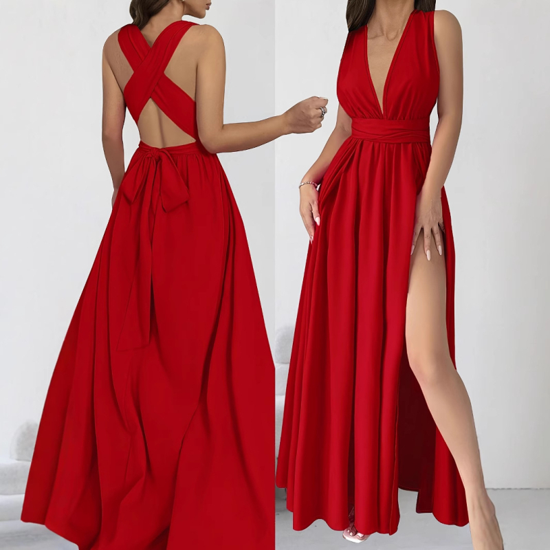 V-nyakú, ujjatlan, megkötős derekú, A-vonalú, hosszú, egyszínű poliészter-spandex ruha