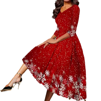 V-nyakú ruha, midi hossz, poliészter, geometriai minta, nyomtatási folyamat