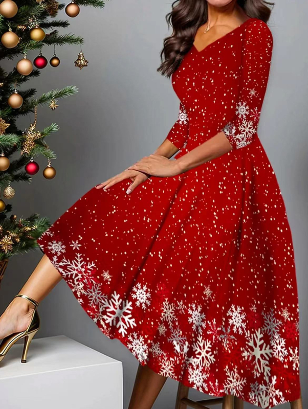 V-nyakú ruha, midi hossz, poliészter, geometriai minta, nyomtatási folyamat