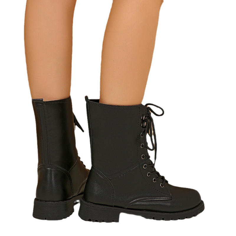 Γυναικείες μπότες μέχρι τη γάμπα με κορδόνια στο μπροστινό μέρος, φαρδιά καουτσούκ σόλα, PU επάνω, υφασμάτινο πάτο