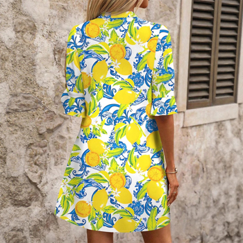 Nyomtatott nyári ruha V-nyakkal, A-vonalú, harang alakú ujjakkal, magas derék; poliészter-spandex anyag