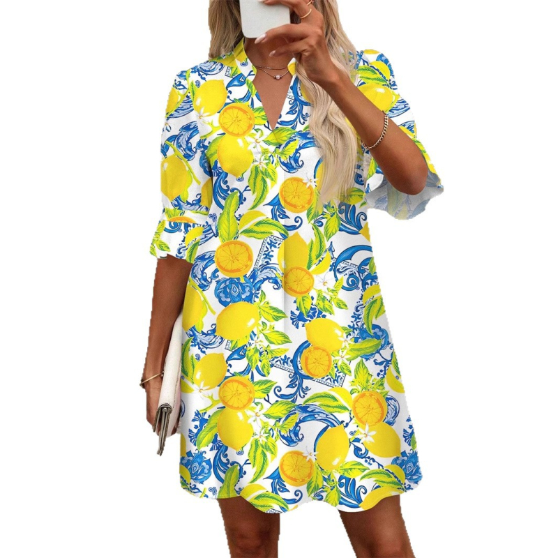 Nyomtatott nyári ruha V-nyakkal, A-vonalú, harang alakú ujjakkal, magas derék; poliészter-spandex anyag