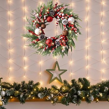 Vianočný veniec na dvere - ručne vyrobená plastová dekorácia s drôtovým kruhom, umelé ihličie a listy cyprusu, Desheng