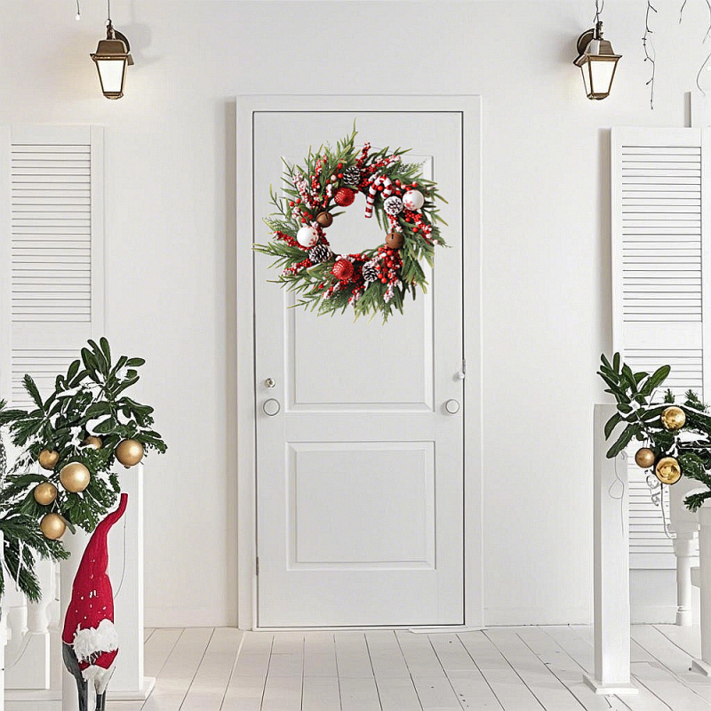 Vianočný veniec na dvere - ručne vyrobená plastová dekorácia s drôtovým kruhom, umelé ihličie a listy cyprusu, Desheng