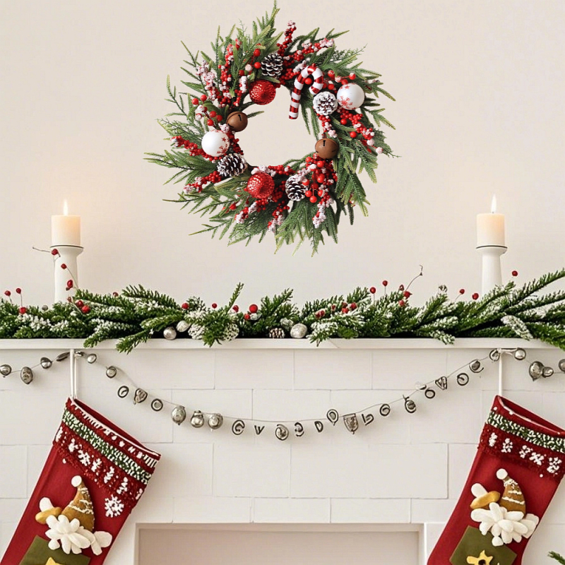 Vianočný veniec na dvere - ručne vyrobená plastová dekorácia s drôtovým kruhom, umelé ihličie a listy cyprusu, Desheng