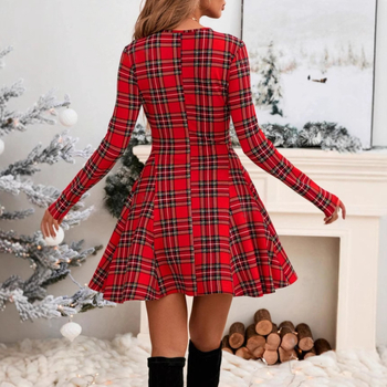 Kockás mintázatú ruha, hosszú ujjú, középméretű hosszúságú, poliészter 95%+