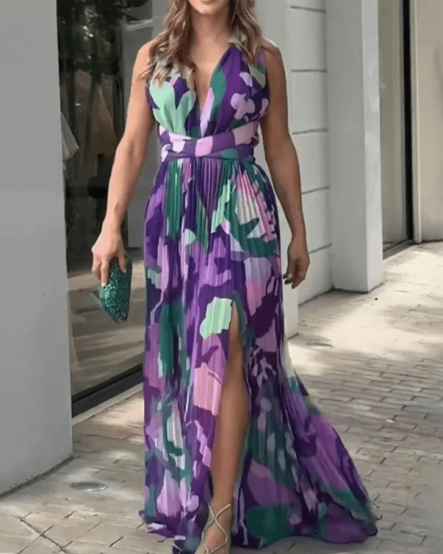 Pólógalléros, ujjatlan, rakott, midi hosszúságú ruha, poliészterből