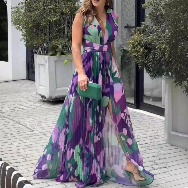 Pólógalléros, ujjatlan, rakott, midi hosszúságú ruha, poliészterből