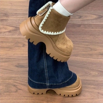 Ботуши Мартин за жени – Forest-inspired ретро стил, велурена горна част, каучукова подметка, средна дължина глезена, chunky heel 3–5 см, цип за закопчаване