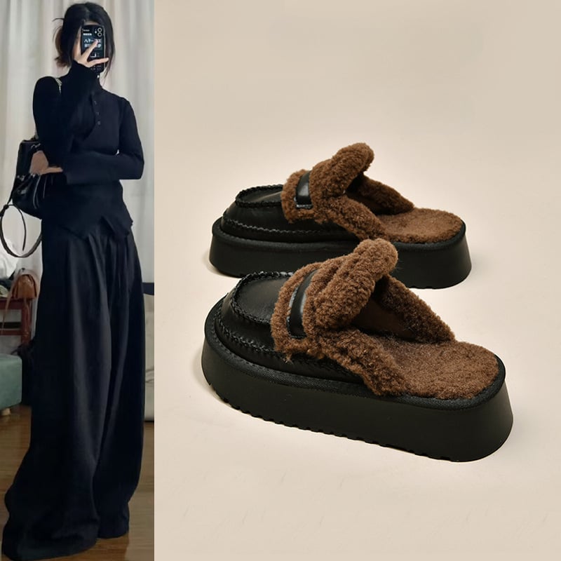 Platformos női papucs fleece-bélés, mikrofibra felső, bőr belső, gumitalp, téli 2024