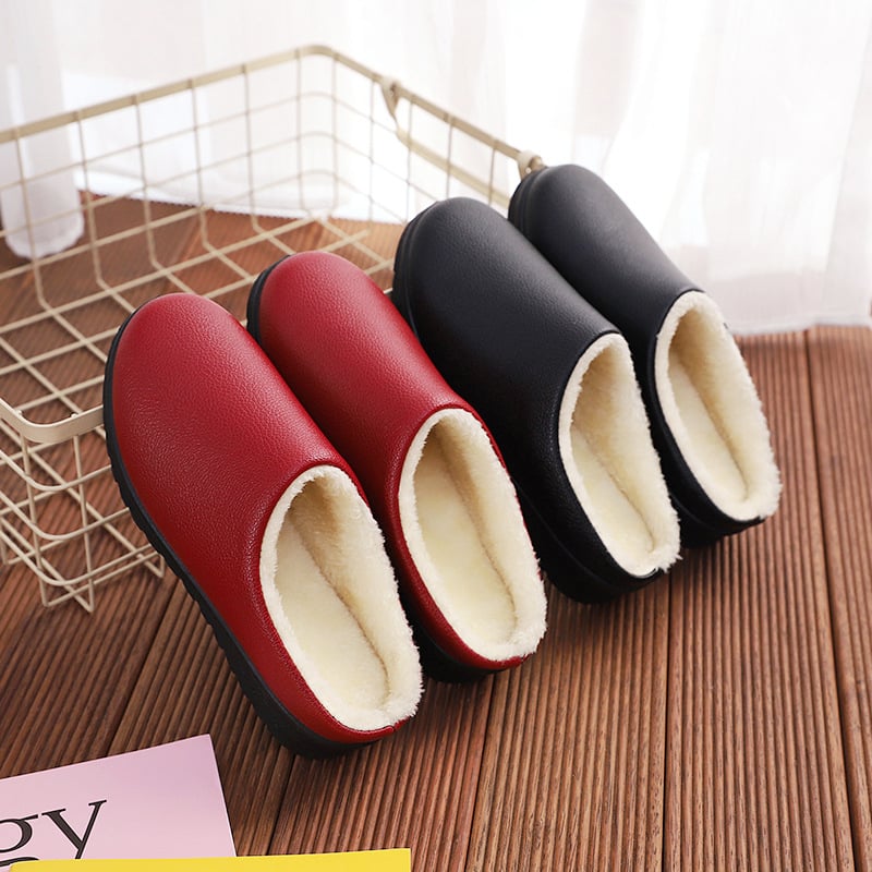 Női pamut papucs műszőrme bélésével, PU felsőrész, PVC talp, alacsony sarok 1–3 cm, kerek orr, slip-on