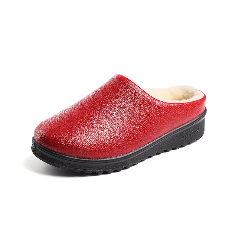 Női pamut papucs műszőrme bélésével, PU felsőrész, PVC talp, alacsony sarok 1–3 cm, kerek orr, slip-on