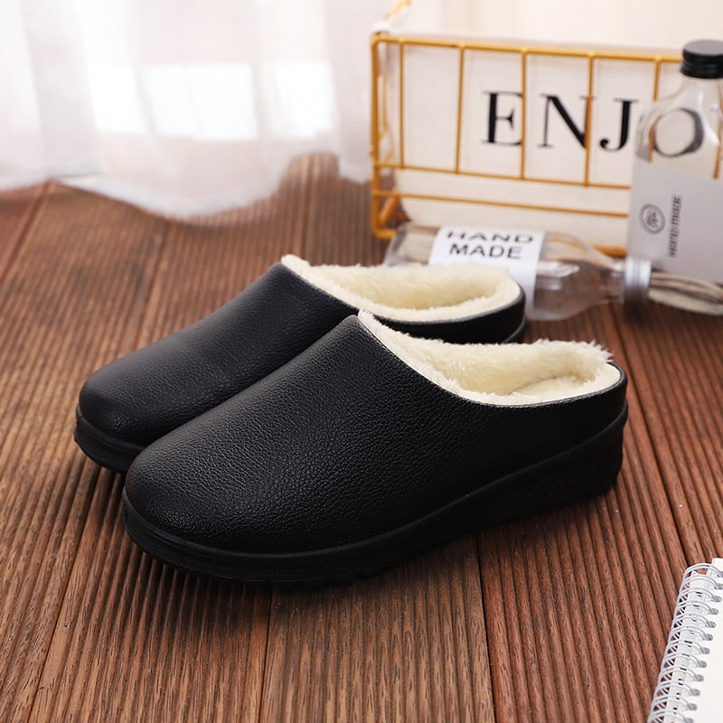 Női pamut papucs műszőrme bélésével, PU felsőrész, PVC talp, alacsony sarok 1–3 cm, kerek orr, slip-on