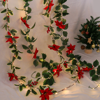 LED Коледна светлинна нишка с ратаноподобна зелена растителност и изкуствени цветя за външна украса и фотографски реквизит