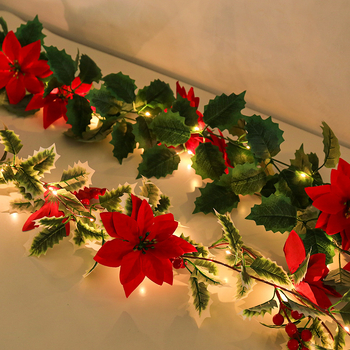 LED Коледна светлинна нишка с ратаноподобна зелена растителност и изкуствени цветя за външна украса и фотографски реквизит