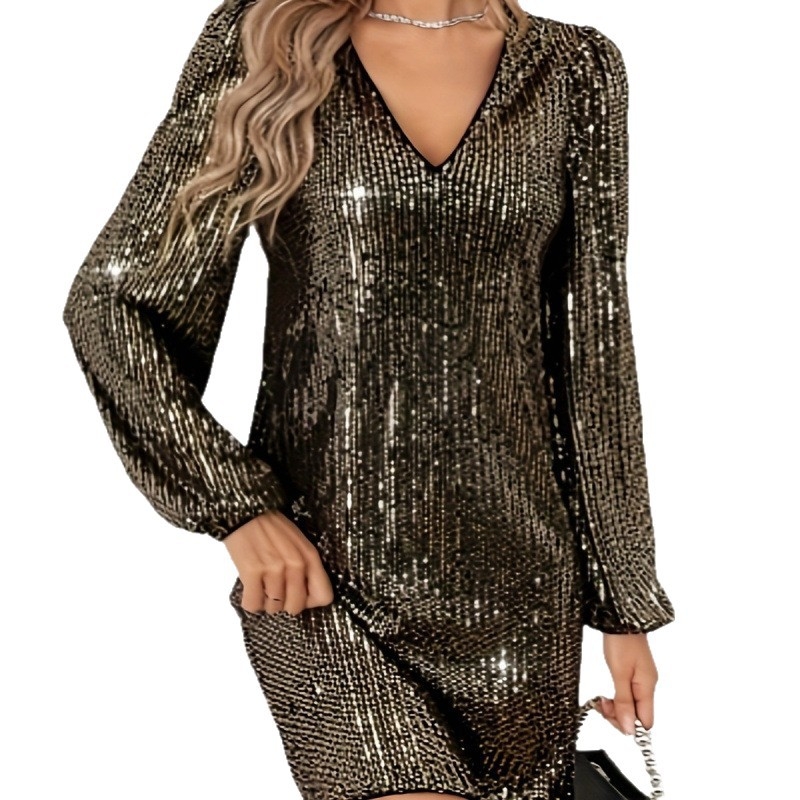 Flitteres ruha V-nyakkal, hosszú ujjú, A-vonalú, középméretű hossz, Mercerizált poliészter, patchwork stílus