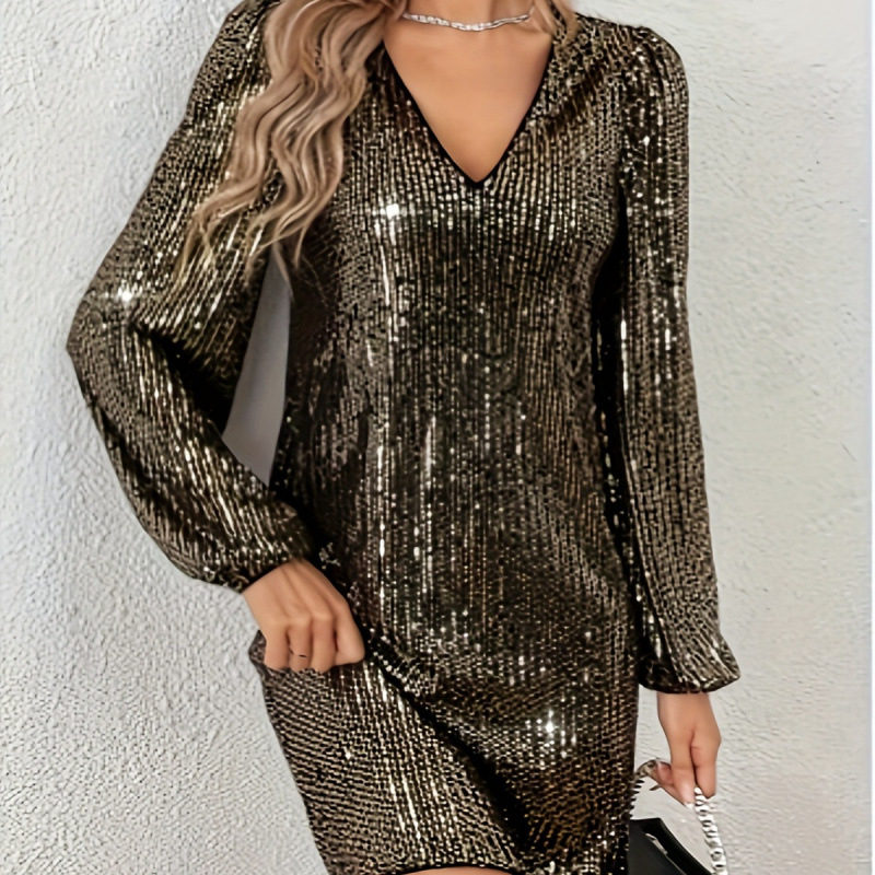 Flitteres ruha V-nyakkal, hosszú ujjú, A-vonalú, középméretű hossz, Mercerizált poliészter, patchwork stílus