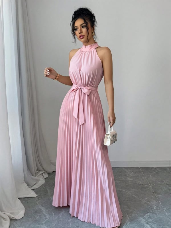 Haljina s halter ovratnikom, duga, plisirana, od poliestera, elastičan pojas