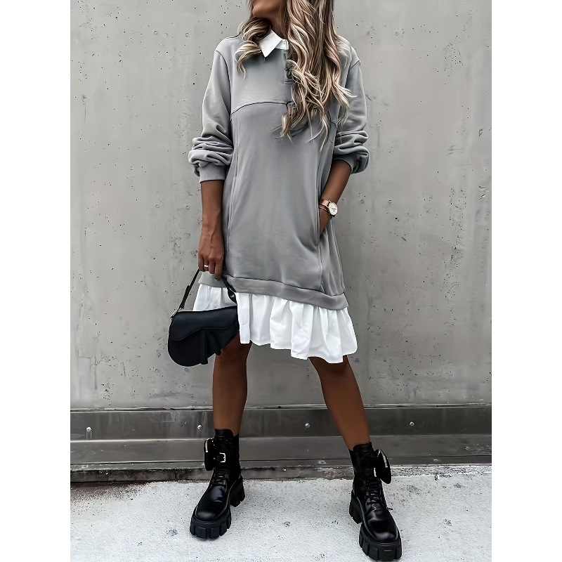 Haljina s Polo ovratnikom, duge rukave, srednja duljina, mrežasti materijal, slobodan pojas