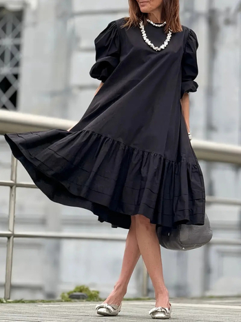 Полиестер Lotus Leaf миди рокля с ръкави фенер и свободна талия